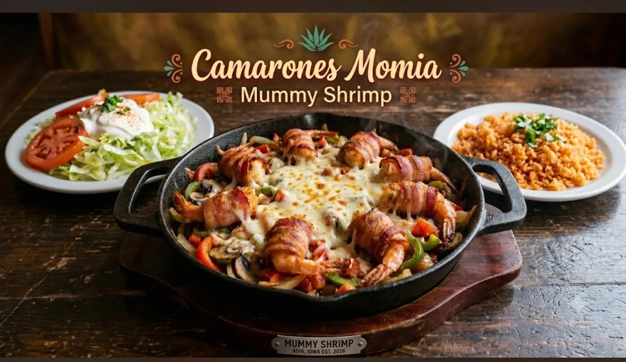 Fuego Camarones Momia with rice and salad