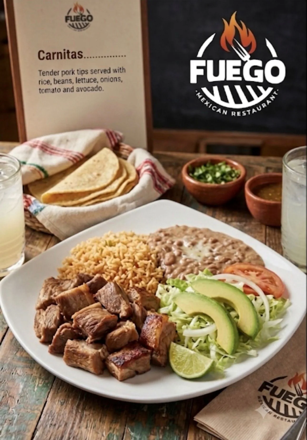 Fuego carnitas with rice, beans and avocado