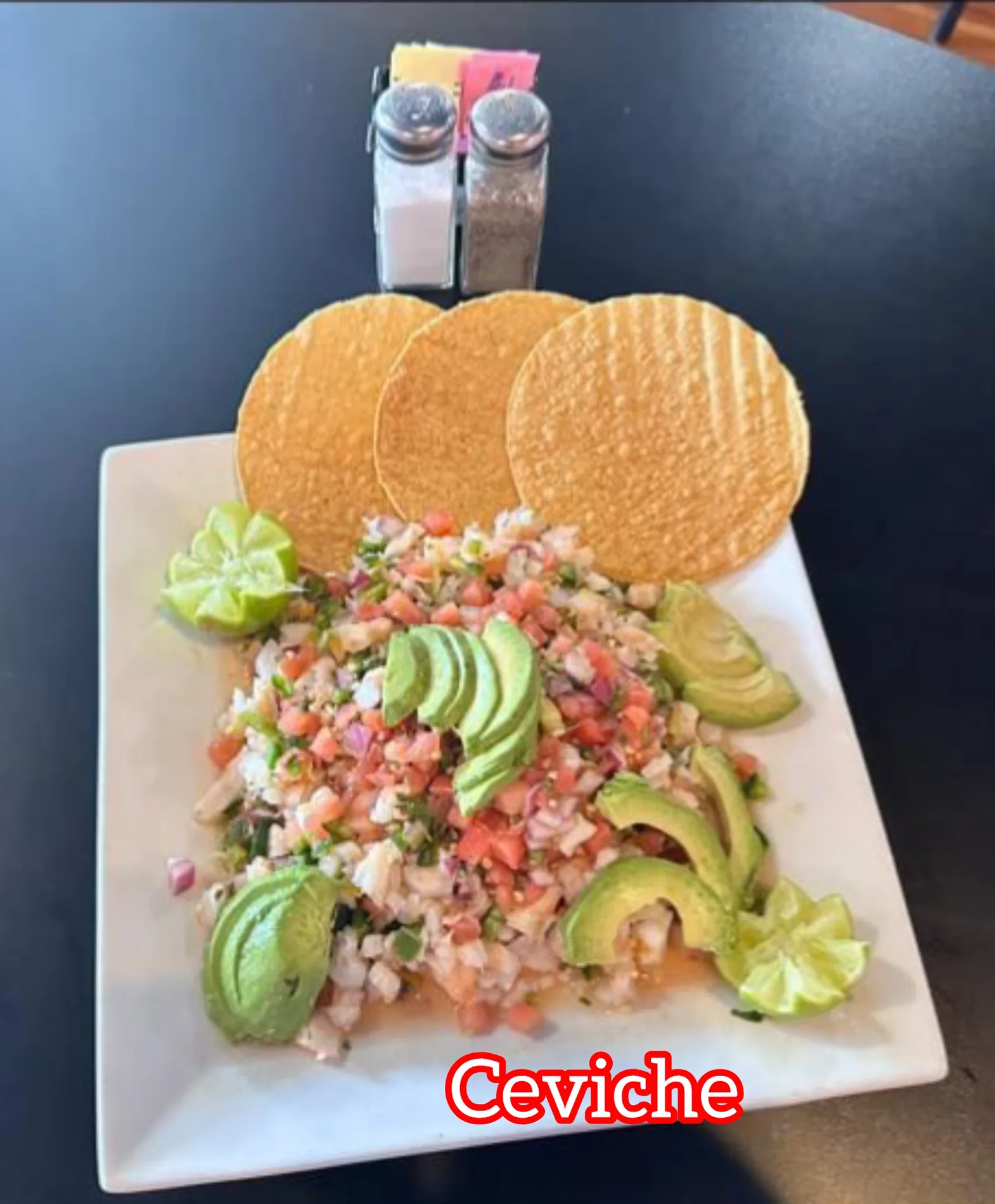 Fuego ceviche with avocado and tostadas